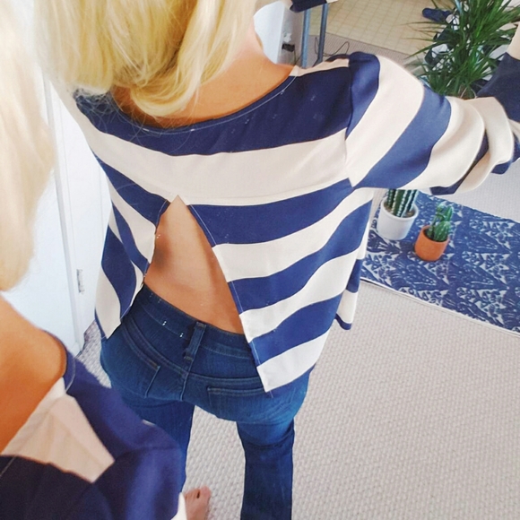 UO|COPE Open Back Blue/Cream Striped Blouse - Picture 2 of 7